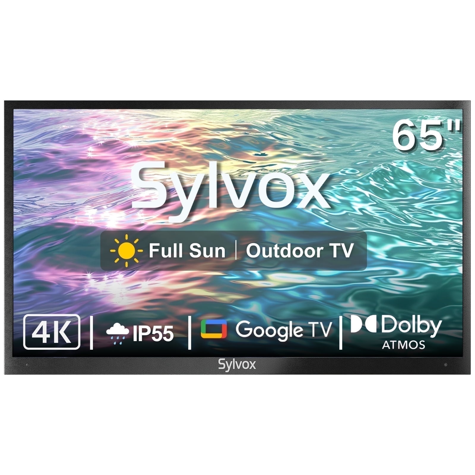 SYLVOX 65" Full Sun Outdoor TV, 4K UHD 2000Nits Bright Google Television, IP55 Weatherproof WiFi Bluetooth Voice Remote (Pool Pro 2.0)