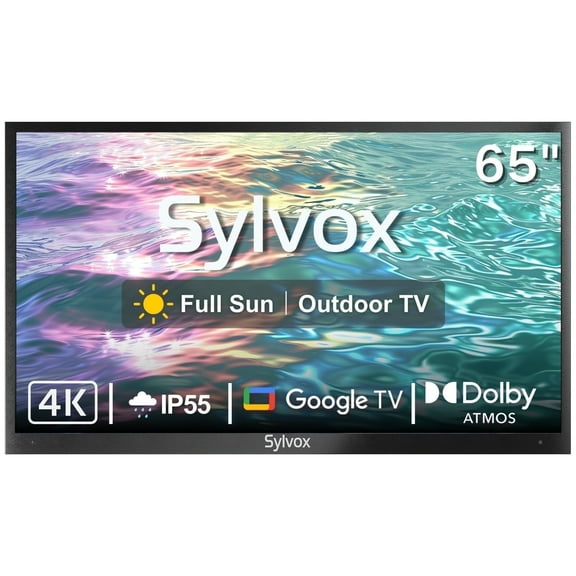 SYLVOX 65" Full Sun Outdoor TV, 4K UHD 2000Nits Bright Google Television, IP55 Weatherproof WiFi Bluetooth Voice Remote (Pool Pro 2.0)