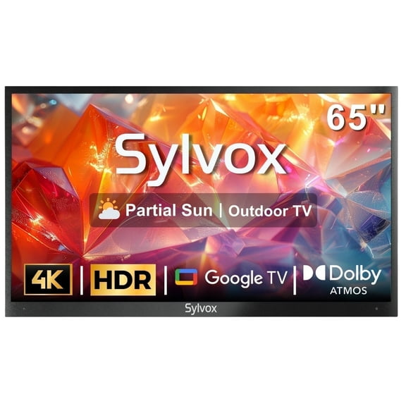 SYLVOX 65" Outdoor TV, 4K UHD Google Television for Partial Sun Outside with 1000nit Brightness, IP55 Weatherproof, Dolby Atmos, Voice Remote (Deck Pro 2.0)