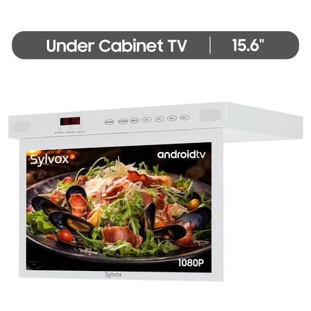 SYLVOX Smart Kitchen TV, 15.6" Android Small TV 1080P FHD Support Rotated Foldable WiFi Bluetooth, Under Cabinet TV for Kitchen, Bedroom, RV Camper (White)