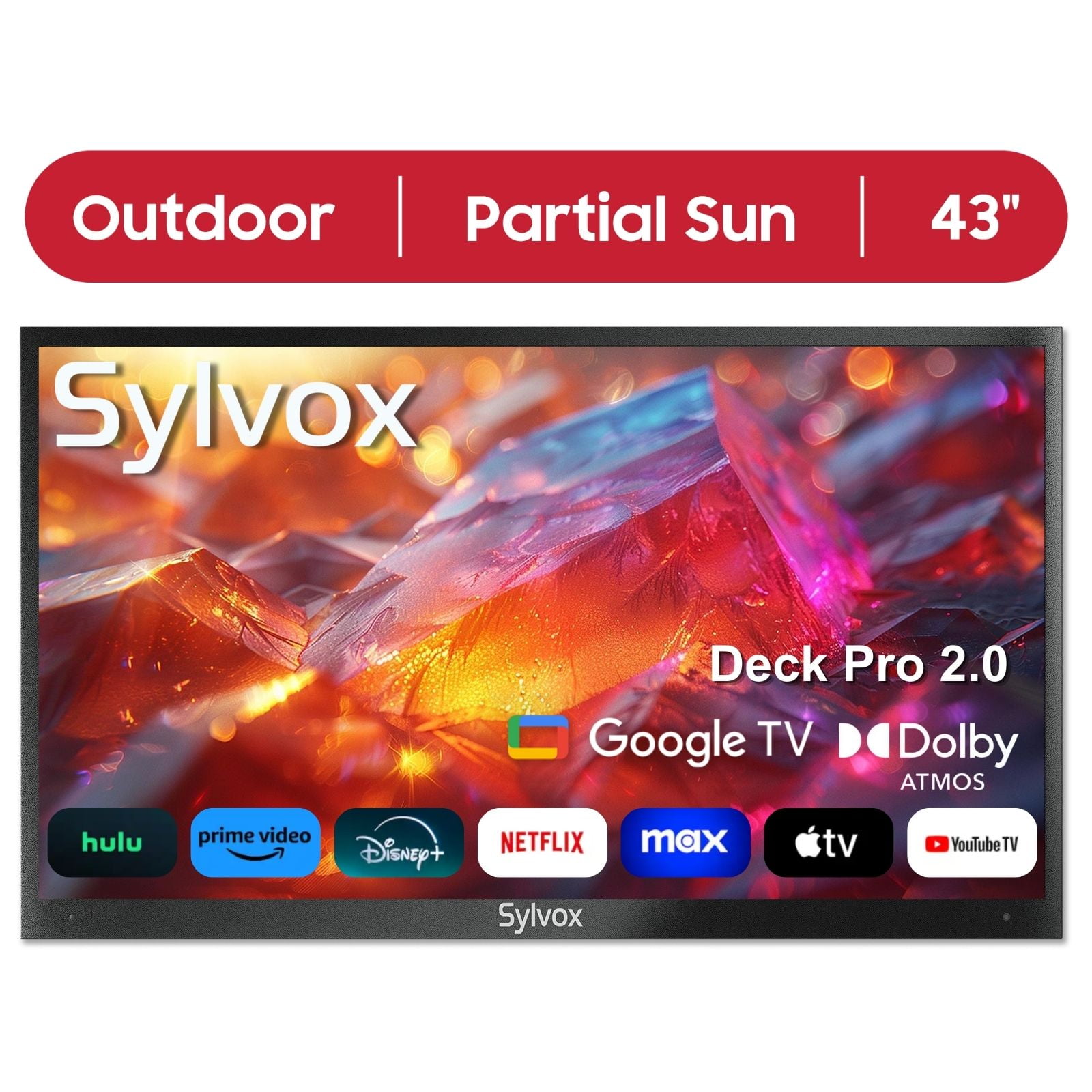 SYLVOX Outdoor TV, 43 inch Smart Outdoor TV with Newest Google TV System, Dolby Atmos, 4K UHD, Google Assistant, Chromecast, IP55 Waterproof, 1000 nit Brightness for Partial Sun (Deck Pro 2.0)