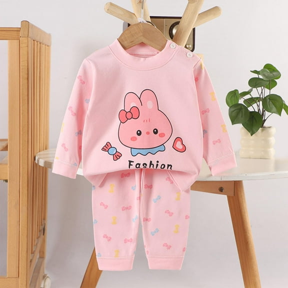 SYMOID 100% Cotton Kids Kids Girl 2-Piece Outfit Set (0-8 Years) - Long Sleeve & Full-Length Pants, Soft Breathable, Cute Cartoon Rabbit, Pastel Pink,Size 6 Months