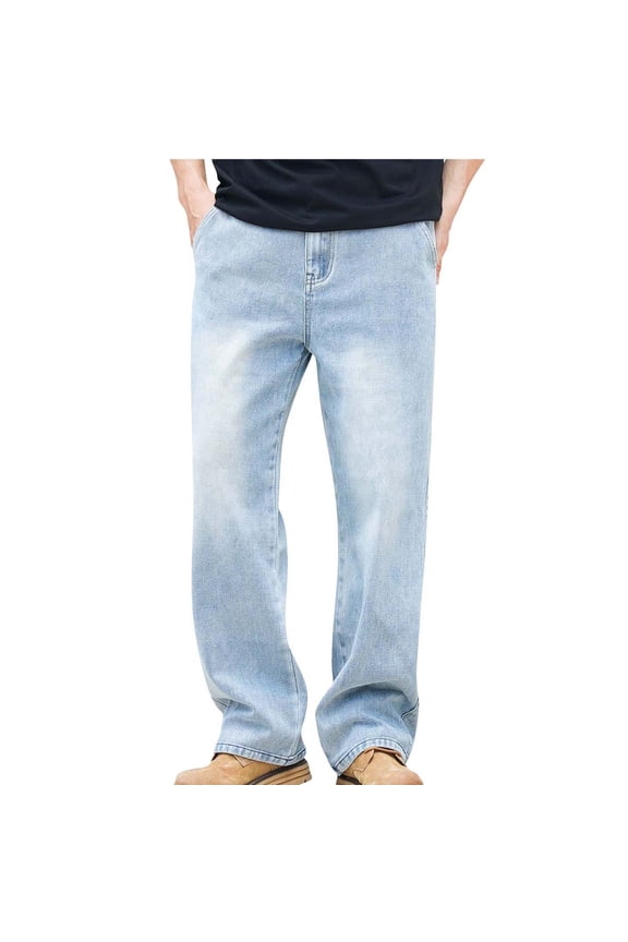 100% Denim Men's Jeans - Relaxed Fit Straight Leg, Light Blue Washed 5-Pocket, Comfortable Daily Wear, Size 46