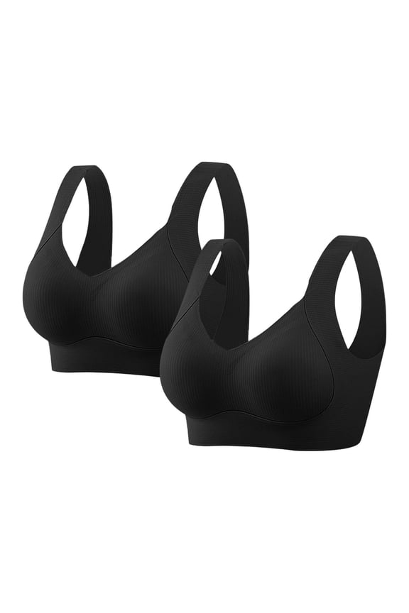 2-Pack Womens Wireless Black Sports Bra, Nylon Spandex Seamless Wide Strap M-5XL, Light Support for Yoga/Everyday Loungewear,Size 3XL