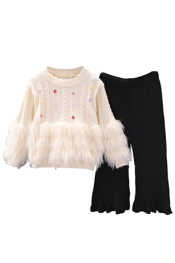 2-Piece Beige Outfit Set for Kids Little Girl 1-8Y: Soft Polyester Faux Faux Fur Cable Knit Sweater & Flared Pants with Flower Embellishments,Size 1-2T