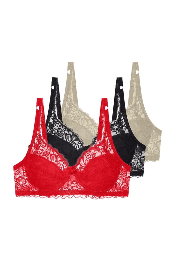 3 Pack Womens Red Lace Bras - Ultra-Soft Polyester Spandex, Adjustable Straps, Wide Side Wings, 34B-40C Sizes for All-Day Comfort & Layering,Size 75C