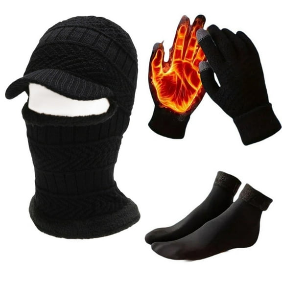 SYMOID 3-in-1 Women and Men Winter Warm Set - Black Knitted Hat, Touchscreen Gloves & Socks, Polyester Spandex, One-Size-Fits-Most Adults for Commute/Outdoor,Size Free Size