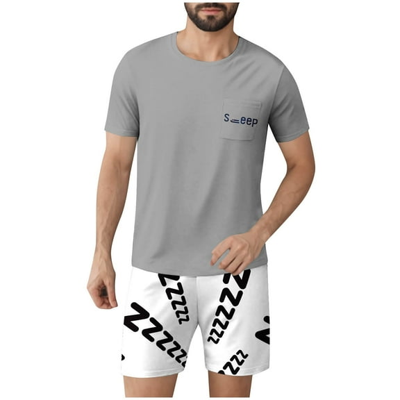 SYMOID Adult Mens Graphic Sleep - Themed Short Sleeve Matching Pajama Sets with Exterior Pocket for Daily Wear,Gray,Size L