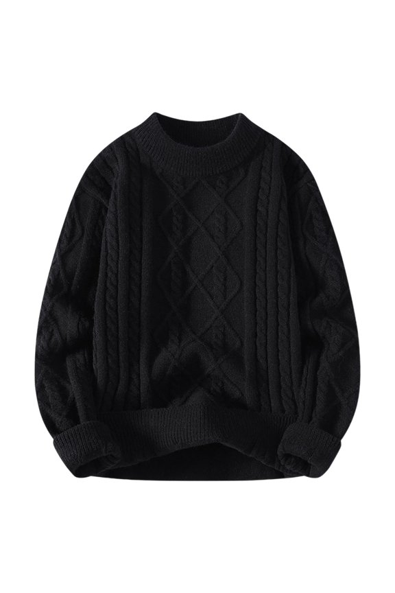 Big & Tall Men's 3XL Black Cable Knit Sweater - Stretchy Nylon-Spandex, Crew Neck Long Sleeve, Durable Soft, Casual Daily & Winter Layering Wear for Walmart US