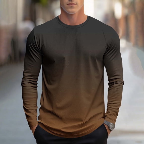 SYMOID Big & Tall Men's Brown Ombre Crew Neck Long Sleeve T-Shirt - Poly-Cotton Blend, Quick-Dry Wrinkle-Resistant, Size 3XL (Extended Up to XXXXL) for Daily/Athletic Wear