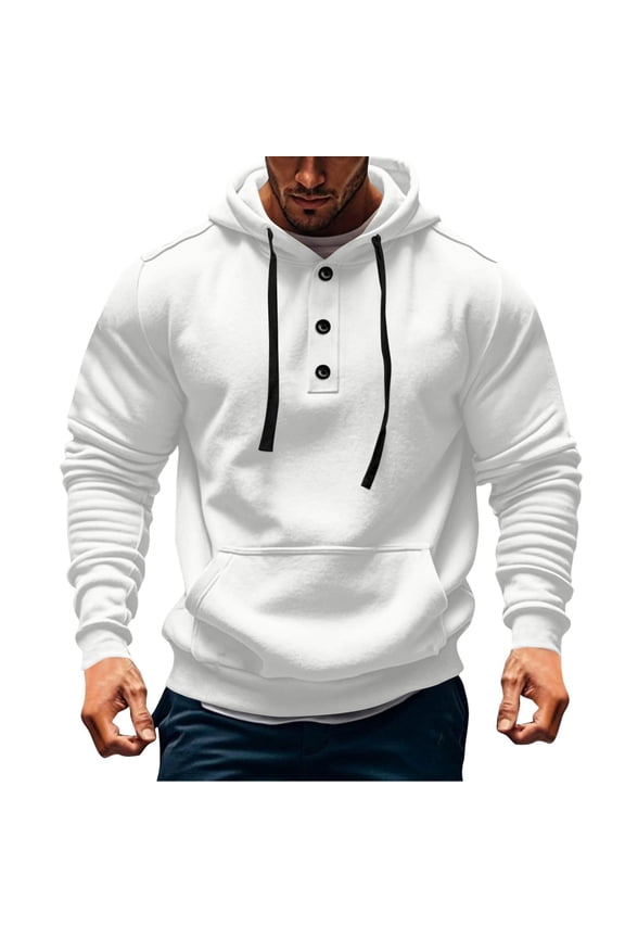 Big & Tall Men's Hoodie Henley Style - 100% Polyester, Drawstring Hood, Kangaroo Pocket, Machine Washable Quick Dry - White, Size 3XL