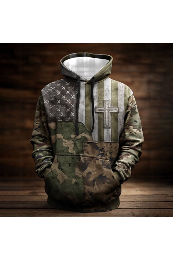 Big & Tall Men's Patriotic Cross Camouflage Pullover Hoodie - 100% Polyester Quick-Drying, Army Green, Size 4XL with Kangaroo Pocket