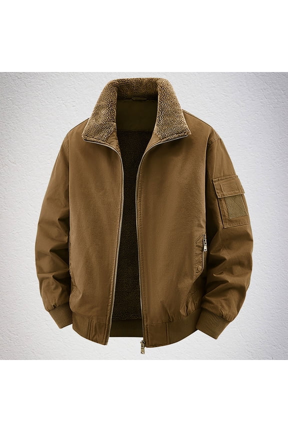 Big & Tall Men's Warm Cotton Bomber Jacket - Brown, Size 4XL, Sherpa Lined Collar, Full-Zip with Pockets, Durable Outerwear for Cool-Weather Casual & Outdoor Use