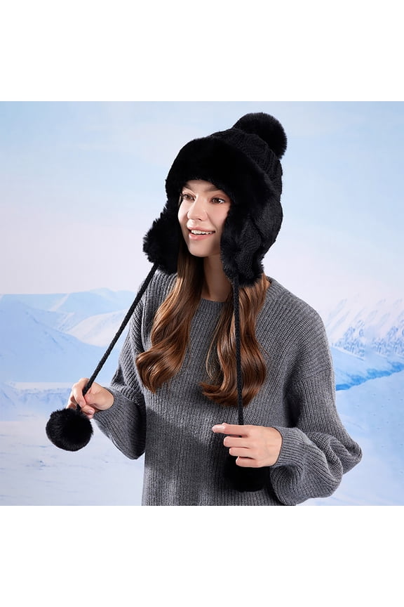 Black Women and Men Winter Trapper Hat - Warm Nylon Spandex with Cable Knit, Faux Faux Fur Ear Flaps & Pom Pom for Cold Outdoor,Size Free Size