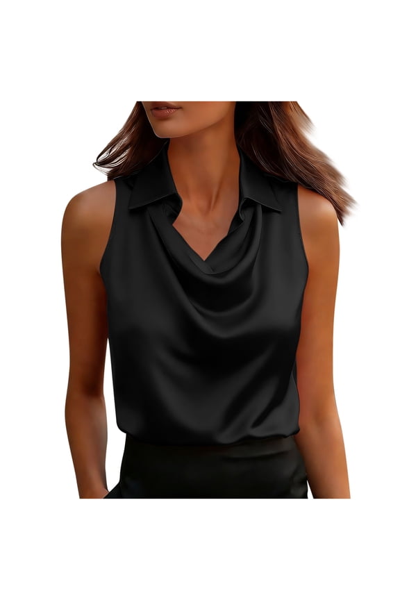 Black Womens Sleeveless Cowl Neck Blouse with Point Collar, Polyester Cotton Blend Top for Office and Casual Wear,Size 2XL