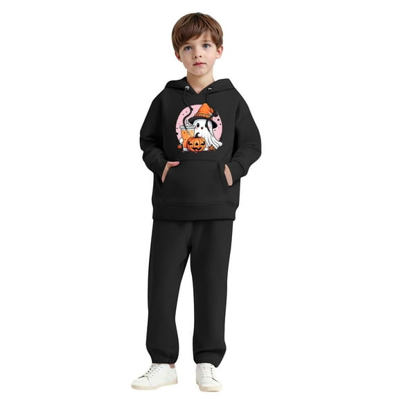 SYMOID Boys Hall-oween Costume Set Black Ghost Pumpkin Print Hoodie & Jogger Pants 2-Piece Sweatshirt Set Soft Fleece,Size 6 T