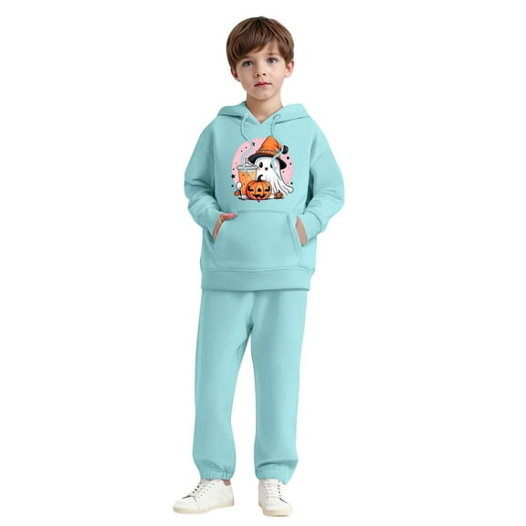 SYMOID Boys Hall-oween Costume Set Light Blue 2-Piece Ghost Pumpkin Print Sweatshirts, Hoodie & Jogger Pants Soft Fleece Tops Outfit,Size 3 T