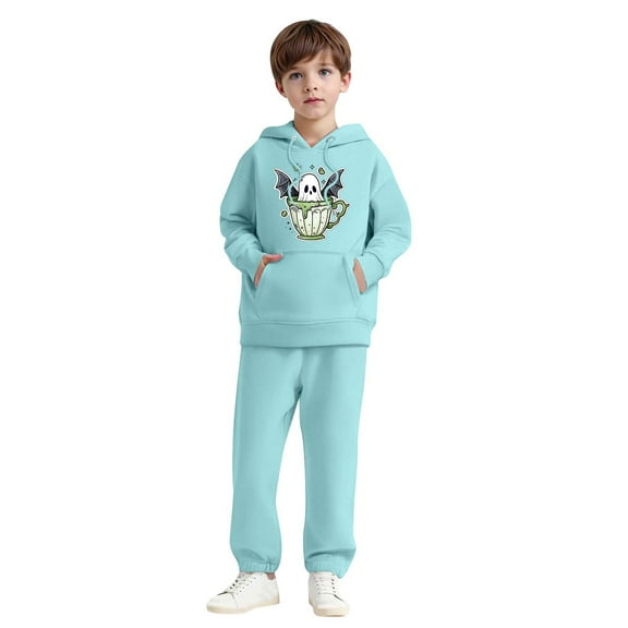 SYMOID Boys Hall-oween Sweatshirt Set 2-Piece Costume with Spooky Cute Ghost in Teacup Print Hoodie and Sweatpants Light Blue Tops,Size 10 T