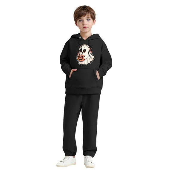 SYMOID Boys Hall-oween Tracksuit 2-Piece Ghost Print Hoodie & Jogger Pants Black Soft Fleece Sweatshirt Costume Set for Kids Ages 4-12,Size 4 T
