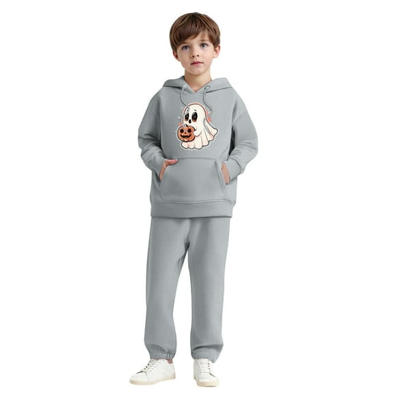 SYMOID Boys Hall-oween Tracksuit 2-Piece Ghost Pumpkin Print Hoodie & Jogger Pants Gray Soft Fleece Sweatshirt Costume Set for Kids Ages 4-12,Size 12 T
