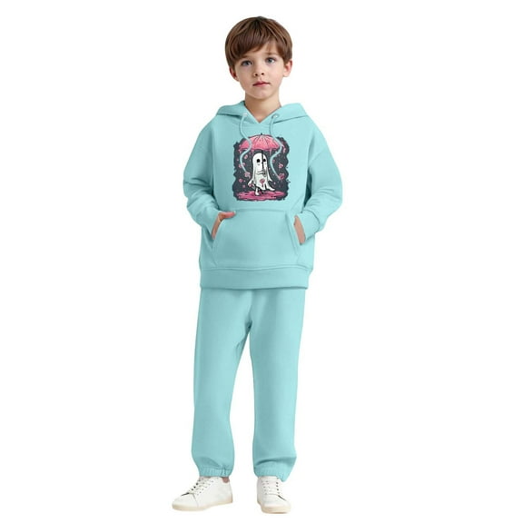 SYMOID Boys Light Blue Ghost Graphic Tracksuit | Cute Hoodie & Jogger Set | Soft Polyester Sweatsuit with Elastic Waist for Kids 3-12 Years, Hall-oween Tops,Size 2 T