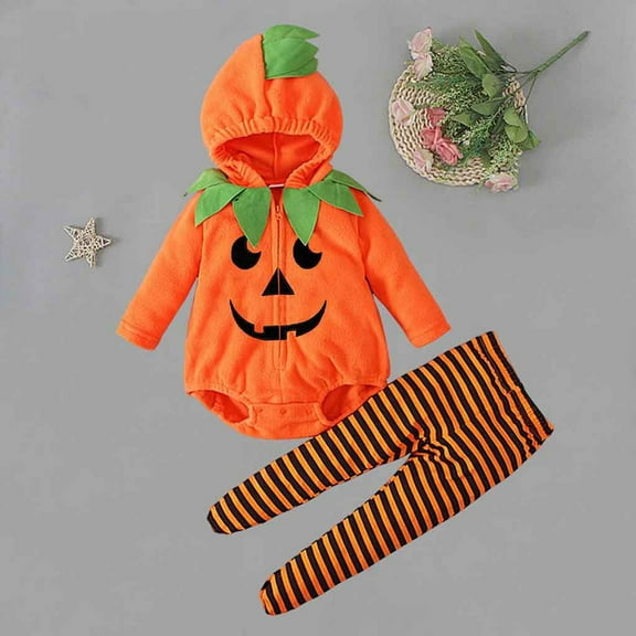 SYMOID Boys Pumpkin Hall-oween Costume 2-Piece Set Orange Bodysuit with Zipper for Kids Kids,Size 3 Months