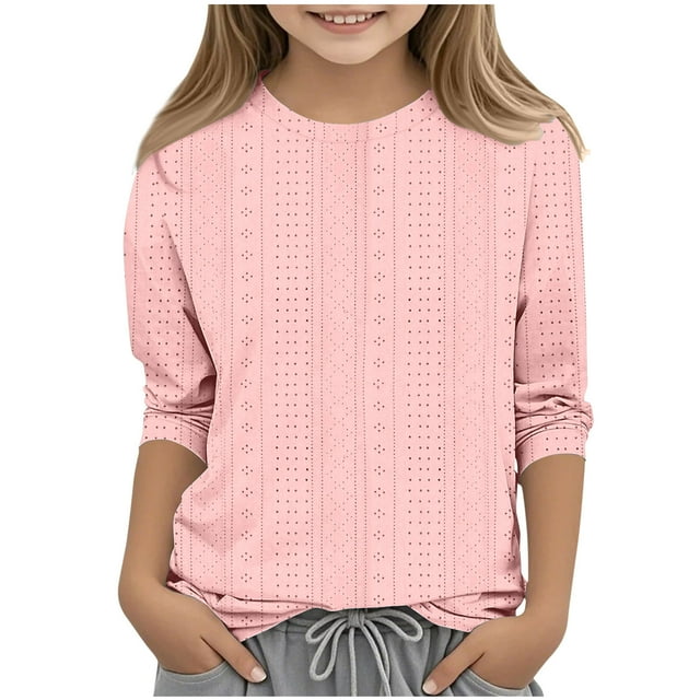 SYMOID Breathable Girls' 3/4 Sleeve Shirts - Solid Color Crew Neck Tops for Casual Wear,Pink,Size 11-12 T