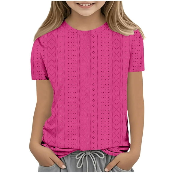 SYMOID Breathable Girls' Short Sleeve Shirts - Solid Color Crew Neck Tops for Daily Wear,Hot Pink,Size 9-10 T