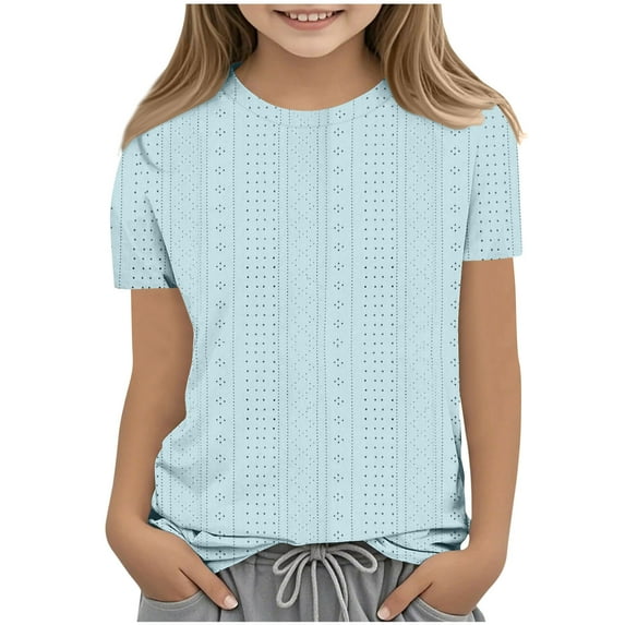 SYMOID Breathable Girls' Short Sleeve Shirts - Solid Color Crew Neck Tops for Daily Wear,Light Blue,Size 5-6 T