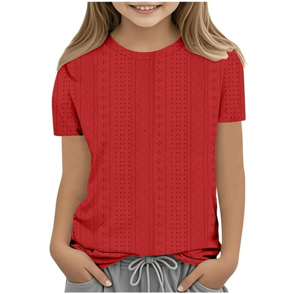 SYMOID Breathable Girls' Short Sleeve Shirts - Solid Color Crew Neck Tops for Daily Wear,Red,Size 11-12 T