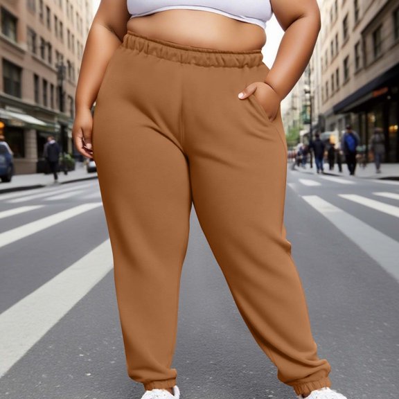 SYMOID Brown Plus Size Womens 100% Polyester Jogger Pants - Elastic Waist, Tapered Leg, Cuffed Ankles & Side Pockets - Inclusive Sizes L-XXXXXL,Size 2XL