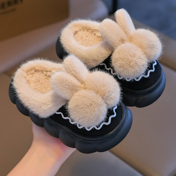 SYMOID Bunny Slippers for Kids Unisex Black, Pl-Sh Warm Polyester Slippers with Non-Slip Sole, Kids To Youth Size indoor Outdoor House Shoes,Size 36