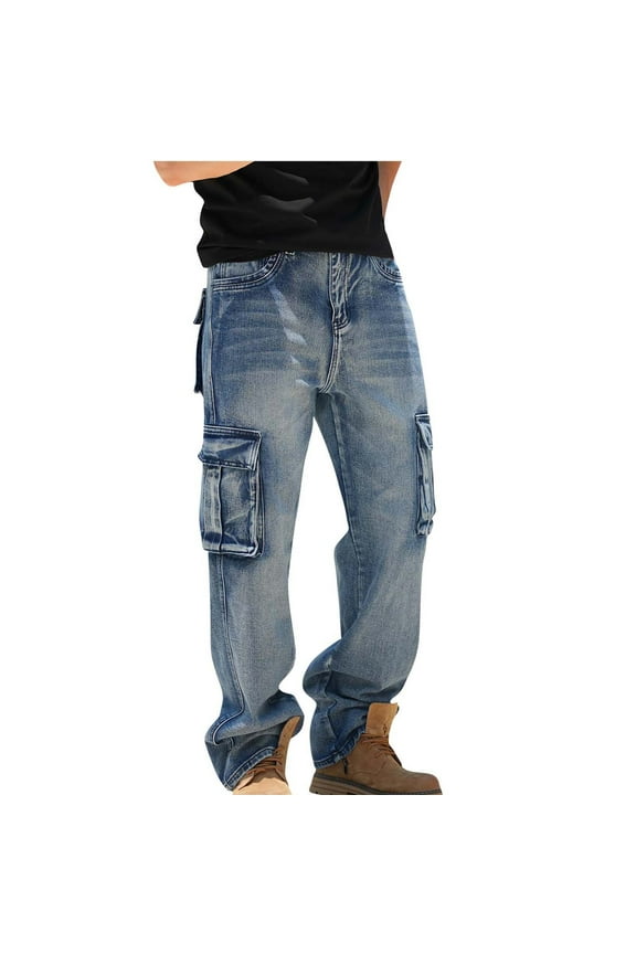 Cargo Denim Pants for Men - Vintage Distressed Loose Fit, Light Blue Size 42, 100% Durable Denim with Multiple Pockets