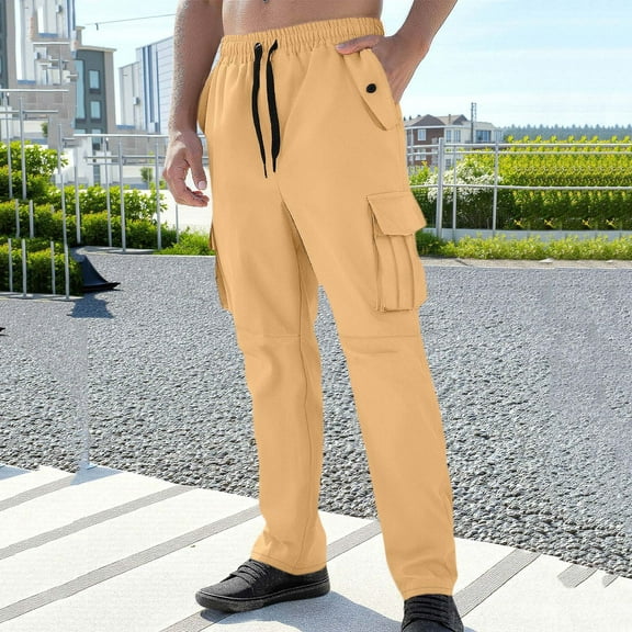 SYMOID Cargo Pants for Men Yellow Size M - 100% Polyester, Elastic Waist with Drawstring, Multiple Pockets, Relaxed Straight Leg for Casual & Outdoor Use