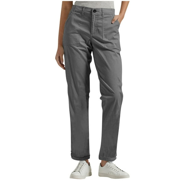 SYMOID Cargo Pants for Women,High Waisted Womens Trousers Pants,Ladies Straight leg Casual Pants with Pockets,Elastic Waist Women Cargo Pant for Summer and Fall,Dark Gray,L