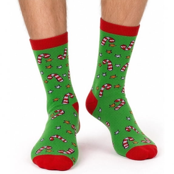 SYMOID Christmas Crew Socks for Men,Candy Cane Star Print Cotton Socks,Holiday Gift Socks