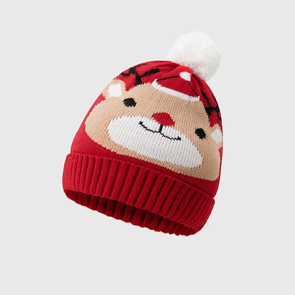 SYMOID Christmas Reindeer Knit Beanie Hat for Women Men, Red Winter Cuffed Cap with Pom Pom Hats,Size Free Size