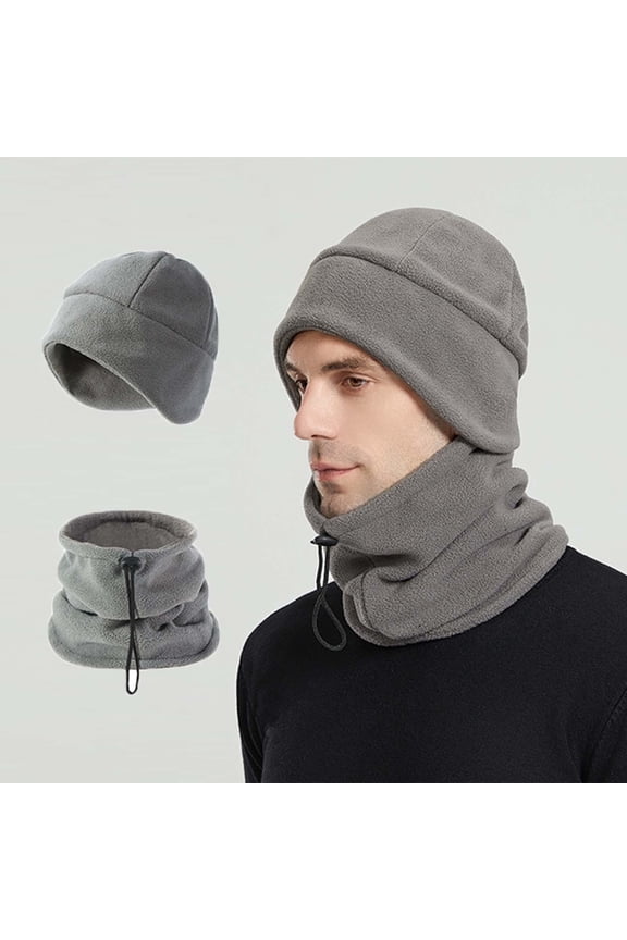 Cold Weather Women and Men Dark Gray 2-in-1 Fleece Set - Ear-Flap Hat & Adjustable Drawstring Neck Gaiter for Outdoor Daily Winter Use,Size Free Size