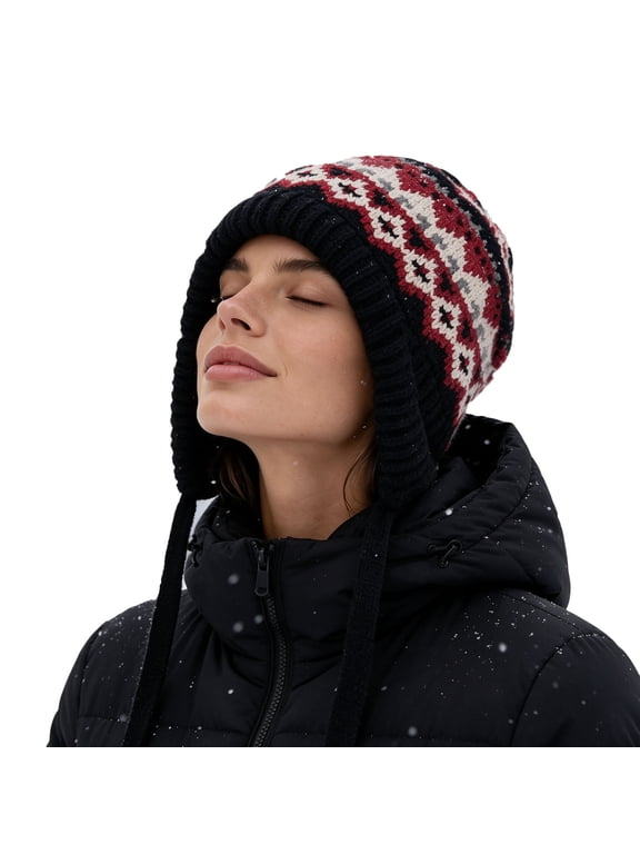 Earflap Knit Beanie Hat for Women, Fair Isle Winter Cap with Tassels, One Size Red Hats,Size Free Size