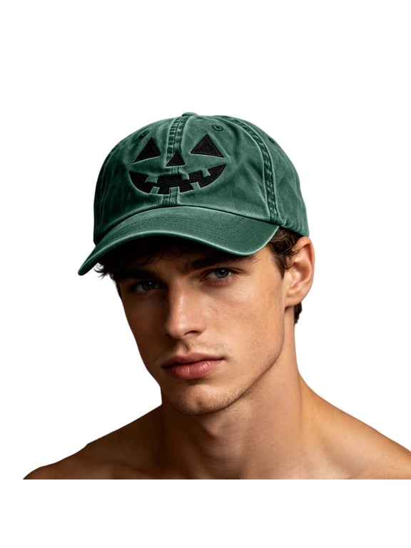 Embroidered Pumpkin Face Dad Hat, Washed Cotton Adjustable Baseball Cap for Men Women Green Hats,Size Free Size