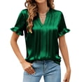 thumbnail image 1 of SYMOID Emerald Green Satin Blouse for Women V-Neck Ruffle Short Sleeve Pleated Front Dressy Casual Going Out Top,Size L, 1 of 8