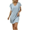 thumbnail image 1 of SYMOID Fashion Womens Knitted Strapless V - Neck Short Sleeve Short - Length Striped Casual Dress with Ruffle,Blue,Size S, 1 of 6