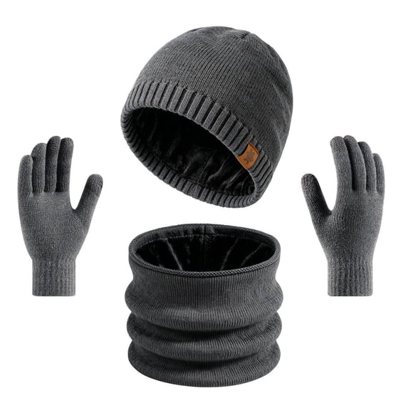 SYMOID Fleece Lined Winter Beanie Hat, Neck Gaiter & Touchscreen Gloves Set, 100% Wool, Unisex 3-Piece, Dark Gray,Size Free Size