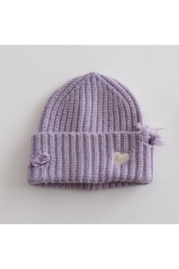 Fringed Knitted Cotton Beanie - Unisex Cuffed with Embroidered Heart, One Size Fits Most Purple Casual Winter Hat,Size Free Size