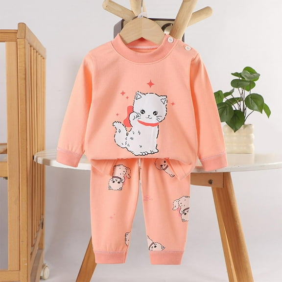 SYMOID Girls 2-Piece 100% Cotton Long Sleeve Outfit Set - Soft Skin-Friendly, Lucky Cat Print, Orange, Easy On/Off Shoulder Buttons, Daily Wear/Tops for 0-8 Years,Size 3 T