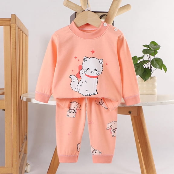 SYMOID Girls 2-Piece 100% Cotton Long Sleeve Outfit Set - Soft Skin-Friendly, Lucky Cat Print, Orange, Easy On/Off Shoulder Buttons, Daily Wear/Tops for 0-8 Years,Size 3 T