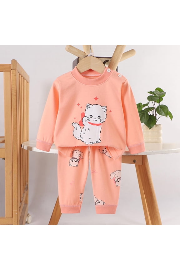 Girls 2-Piece 100% Cotton Long Sleeve Outfit Set - Soft Skin-Friendly, Lucky Cat Print, Orange, Easy On/Off Shoulder Buttons, Daily Wear/Tops for 0-8 Years,Size 3 T