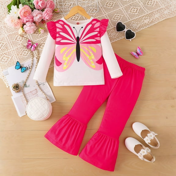 SYMOID Girls' 2-Piece Outfit Set (2-6T) - Knitting Cotton Long Sleeve Top with Butterfly Print & Hot Pink Flare Pants, Ruffled Kids Girl Casual Dressy Outfit,Size 3 T
