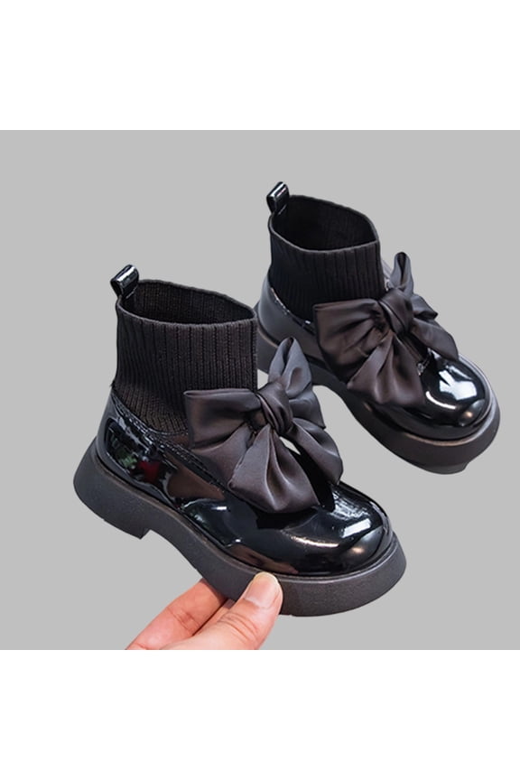 Girls' Black Ankle Boots with Satin Bow & Knit Sock Collar - Chunky Platform Patent Faux Faux Leather, Easy-Clean for Kids/Little/Big Girls (3-12Y),Size 30