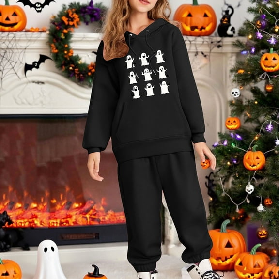 SYMOID Girls' Black Ghost Tracksuit Set - Soft Polyester Hoodie & Jogger, Hall-oween/Everyday Use, Kids to Pre-Teen (Ages 3-12), Walmart Kids Casual Outfit,Size 8 T